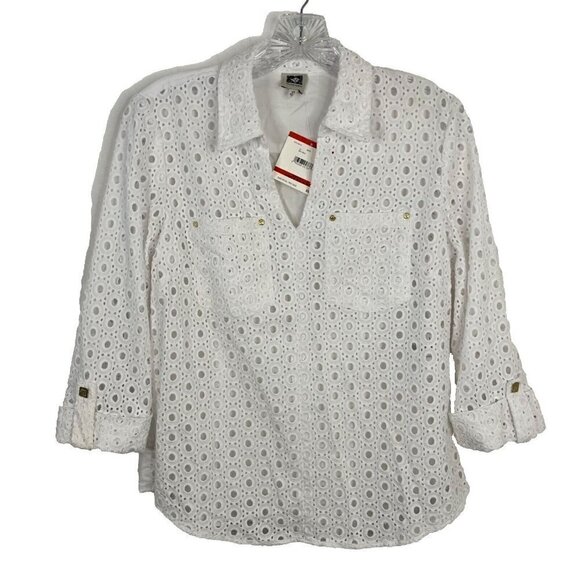 Anne Klein Tops - Anne Klein NWT White Eyelet Lace Roll Tab Long Sleeve Cotton Blouse Size XS